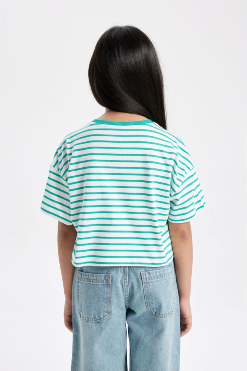 Girls & Teens Green Girl Crew Neck Striped Short Sleeve T-Shirt