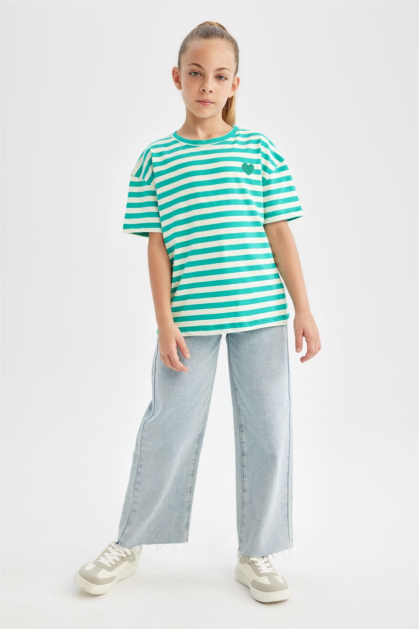 بنات أخضر تيشيرت بناتي نص ردن اوفر سايز بطبعة