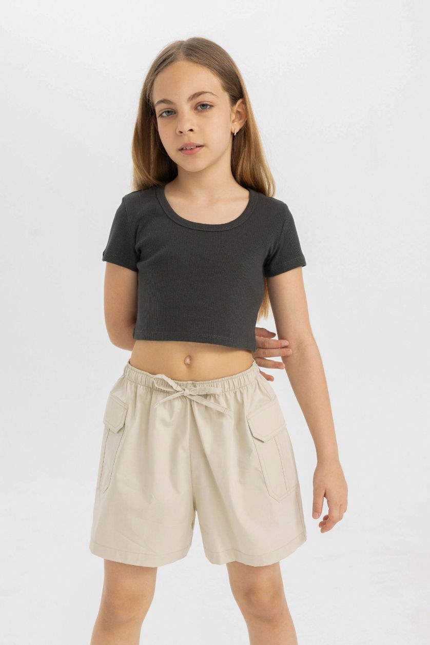 Girls & Teens Anthracite Girl Slim Fit Crew Neck Basic Ribbed T-Shirt