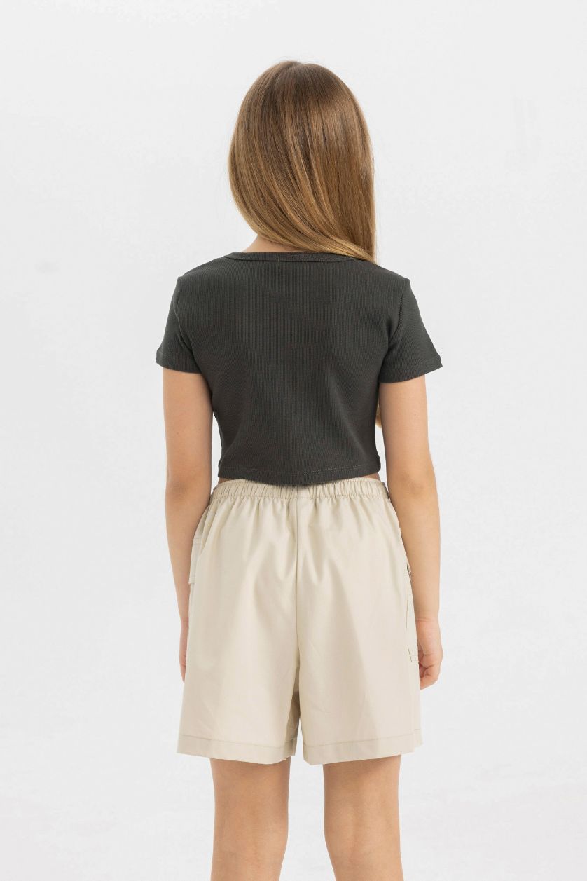 Girls & Teens Anthracite Girl Slim Fit Crew Neck Basic Ribbed T-Shirt