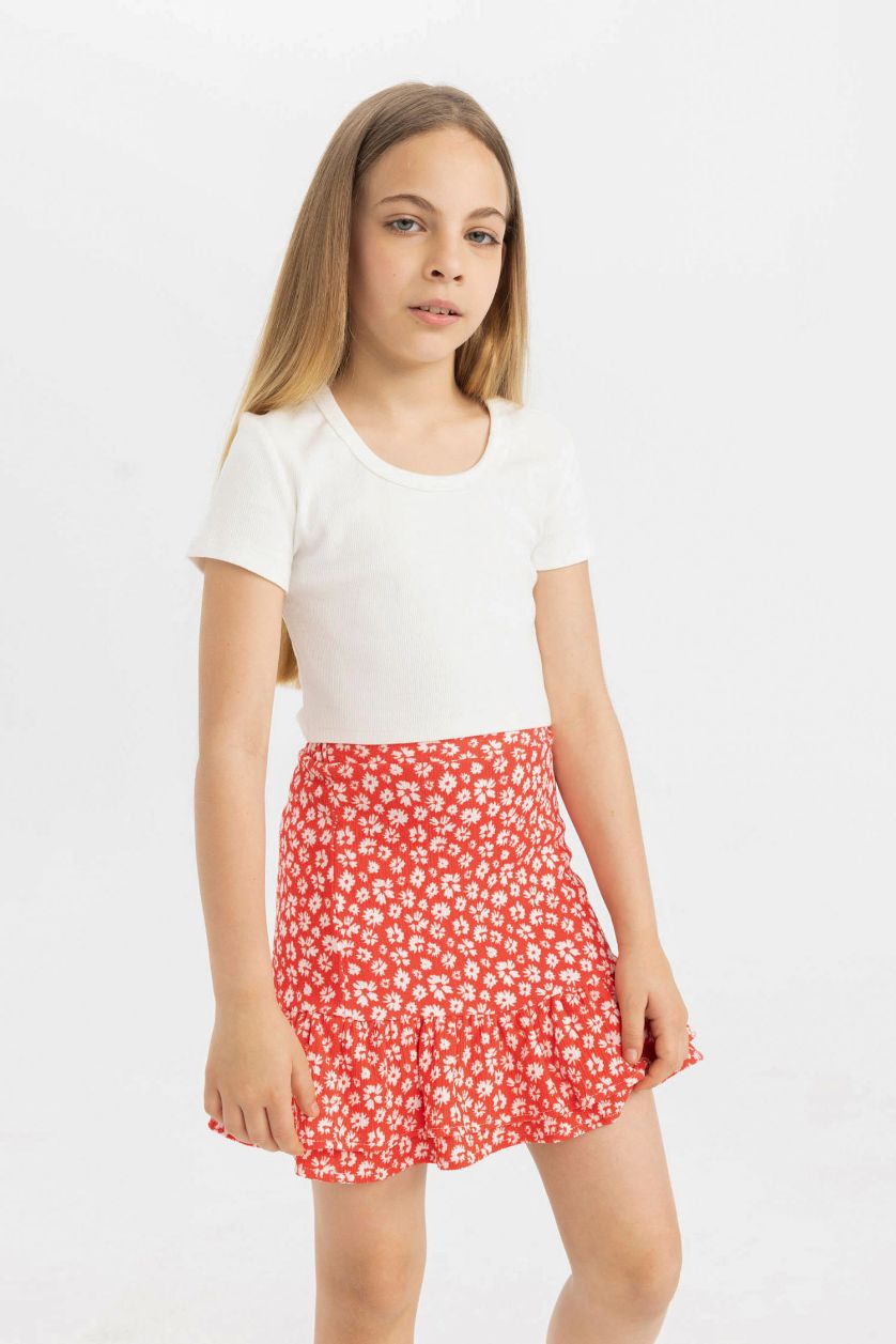 Kız Çocuk - Genç Kız Kırık Beyaz Slim Fit Dar Kesim Bisiklet Yaka Basic Düz Fitilli Kaşkorse Kısa Kollu Tişört Kız Çocuk