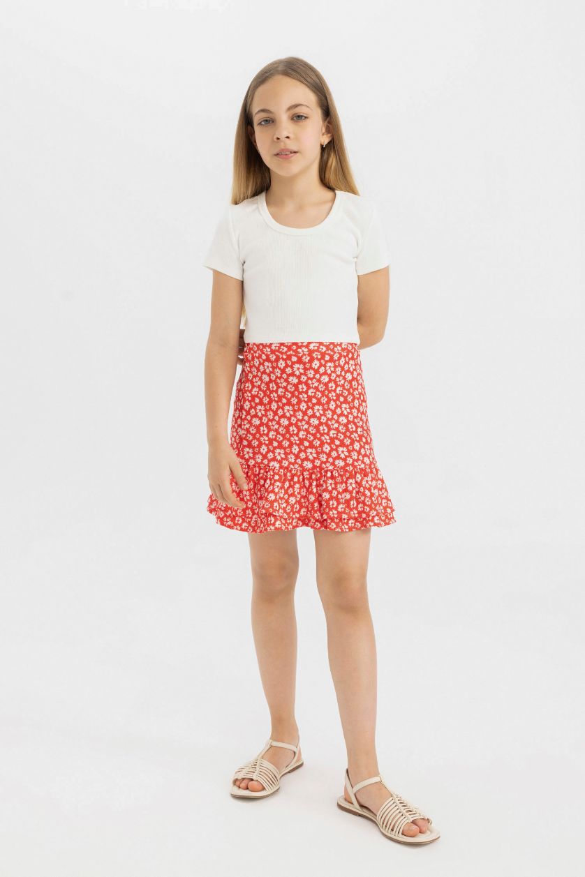 Kız Çocuk - Genç Kız Kırık Beyaz Slim Fit Dar Kesim Bisiklet Yaka Basic Düz Fitilli Kaşkorse Kısa Kollu Tişört Kız Çocuk