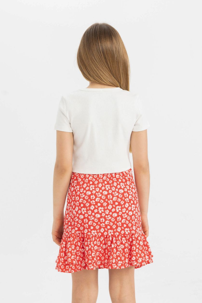 Kız Çocuk - Genç Kız Kırık Beyaz Slim Fit Dar Kesim Bisiklet Yaka Basic Düz Fitilli Kaşkorse Kısa Kollu Tişört Kız Çocuk