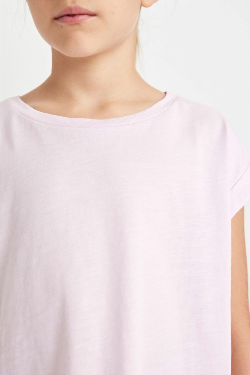 بنات زهري فاتح تيشيرت بناتي سادة أوفر سايز بياخة مستديرة