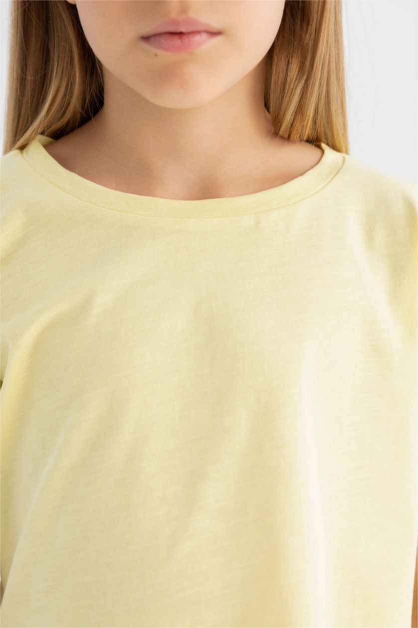 بناتي أصفر تيشيرت بناتي أوفر سايز بيزك نص كم برقبة مستديرة