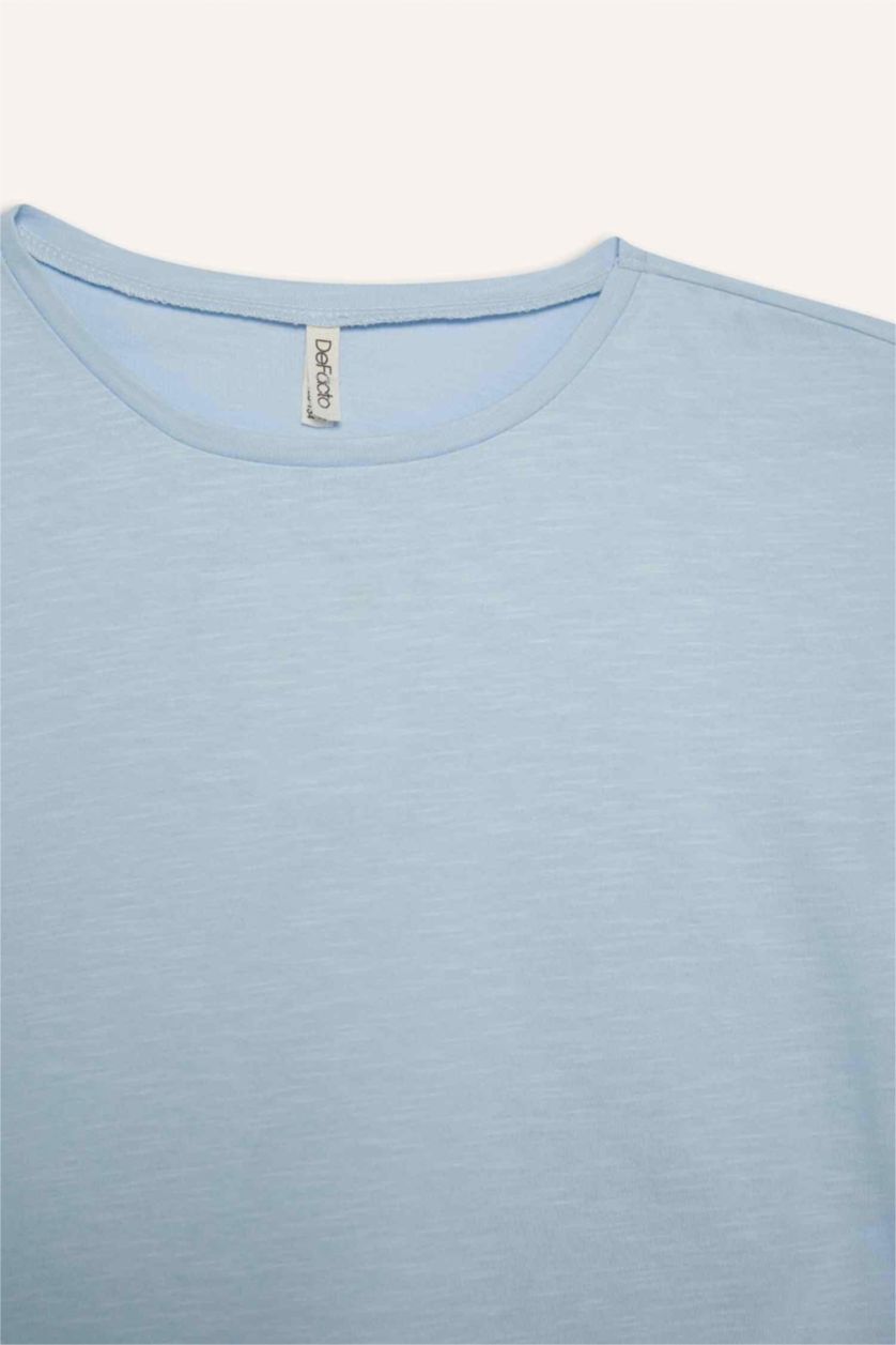 بنات أزرق فاتح تيشيرت بناتي نص ردن بيزك أوفر سايز بياخة مستديرة