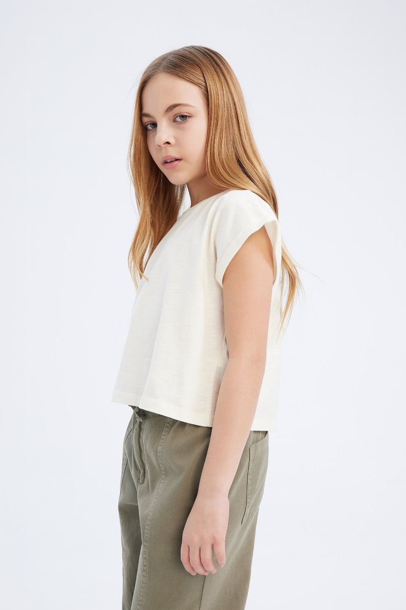 Girls & Teens Ecru Girl Boxy Fit Crew Neck Basic Short Sleeve T-Shirt