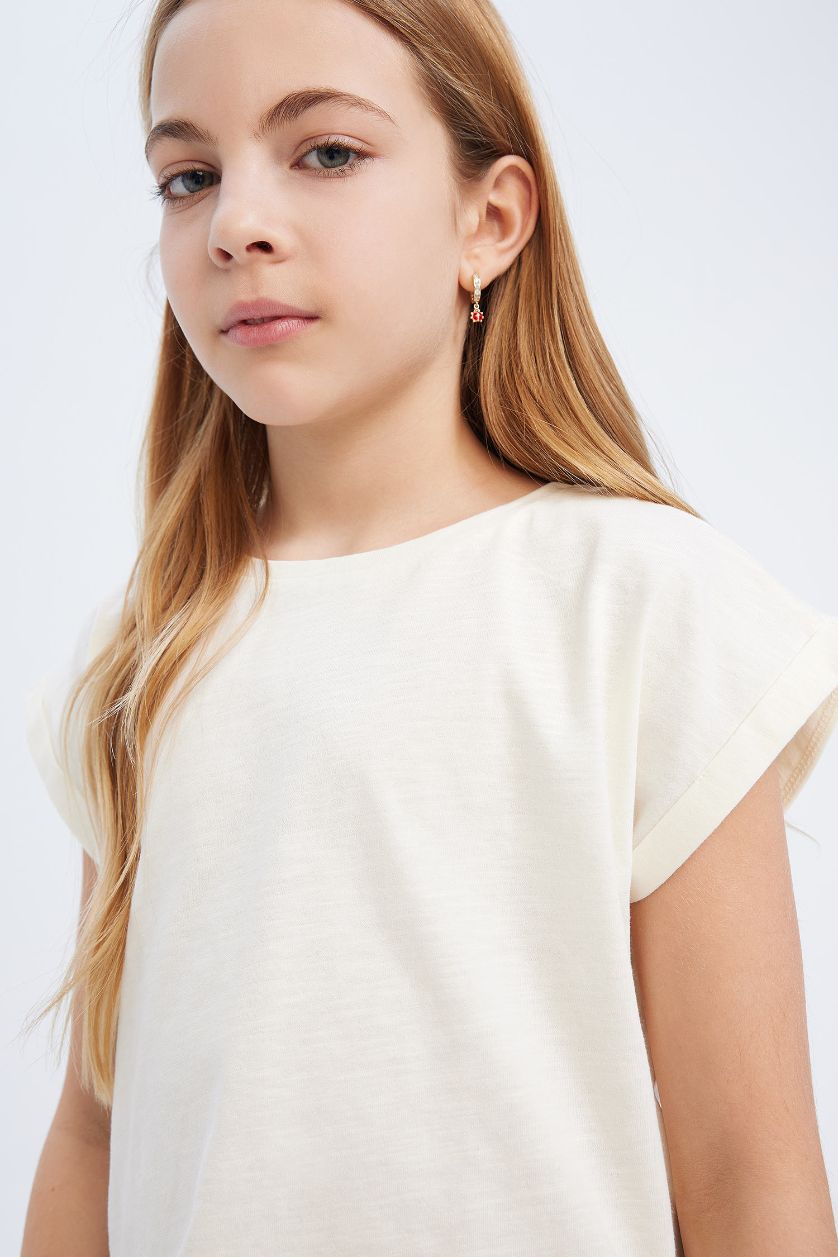 Girls & Teens Ecru Girl Boxy Fit Crew Neck Basic Short Sleeve T-Shirt