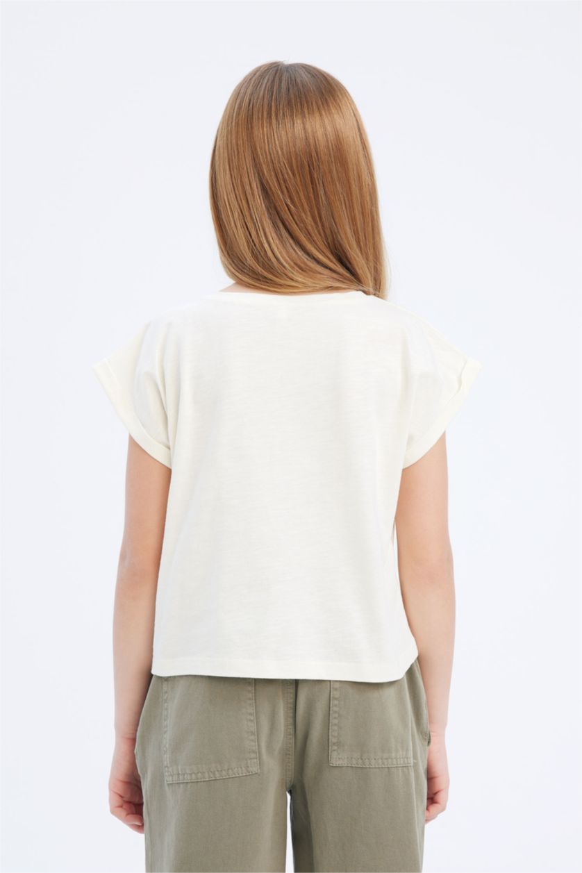 Girls & Teens Ecru Girl Boxy Fit Crew Neck Basic Short Sleeve T-Shirt