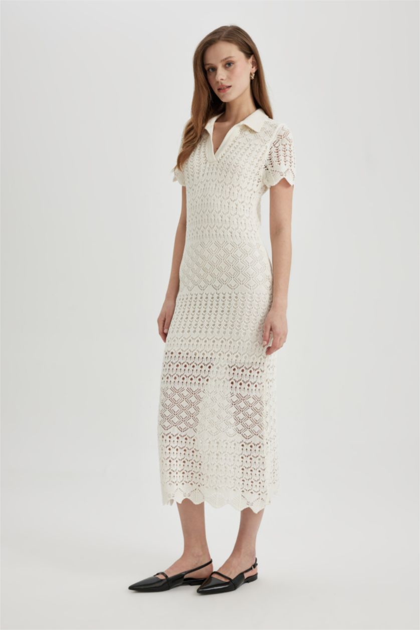 FEMME Écru Robe longues en Tricot à col polo, coupe évasée