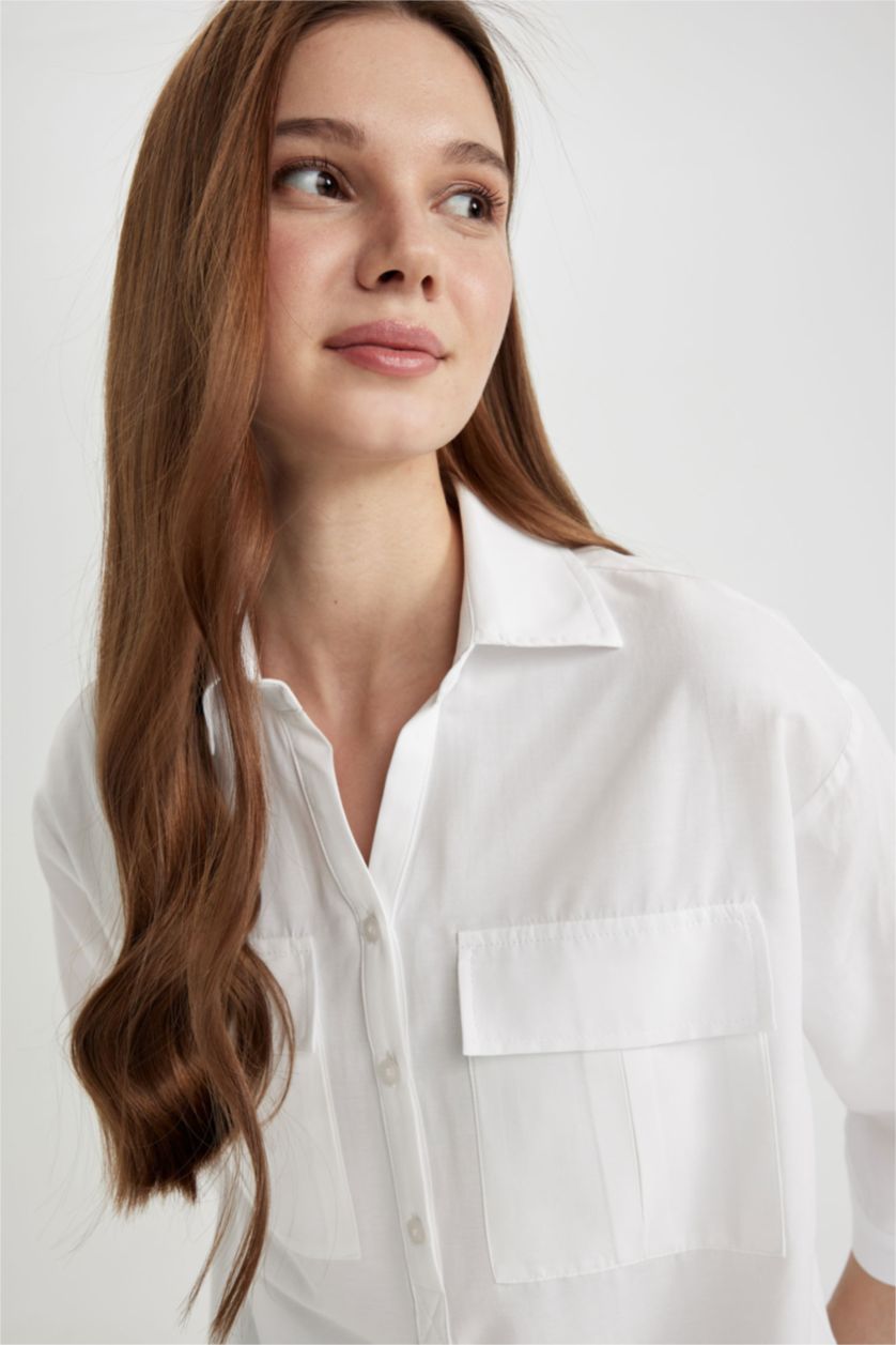 FEMME Blanc Tunique en Popeline Coupe Relax à Manches Longues