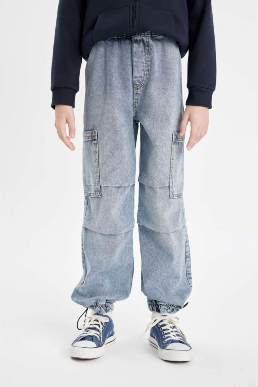 Erkek Çocuk - Genç Erkek Mavi Kargo Cepli Beli ve Paçası Lastikli Jogger Paraşüt Okul Jean Pantolon Erkek Çocuk