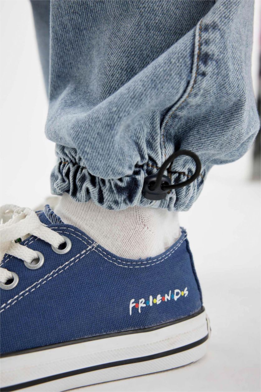 Erkek Çocuk - Genç Erkek Mavi Kargo Cepli Beli ve Paçası Lastikli Jogger Paraşüt Okul Jean Pantolon Erkek Çocuk