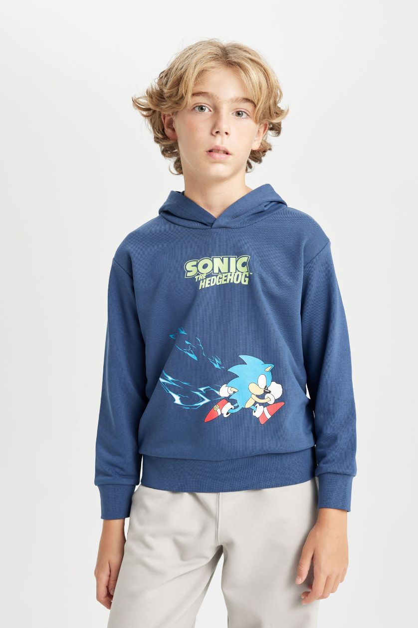 Erkek Çocuk - Genç Erkek İndigo Sonic the Hedgehog Kapüşonlu Sırt Baskılı Sweatshirt Erkek Çocuk