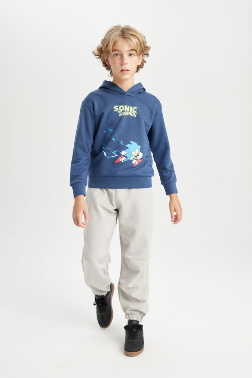 Erkek Çocuk - Genç Erkek İndigo Sonic the Hedgehog Kapüşonlu Sırt Baskılı Sweatshirt Erkek Çocuk