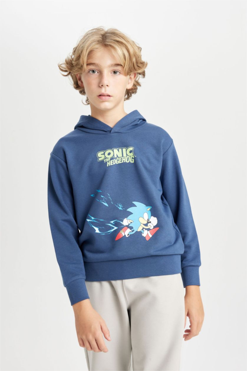 Erkek Çocuk - Genç Erkek İndigo Sonic the Hedgehog Kapüşonlu Sırt Baskılı Sweatshirt Erkek Çocuk