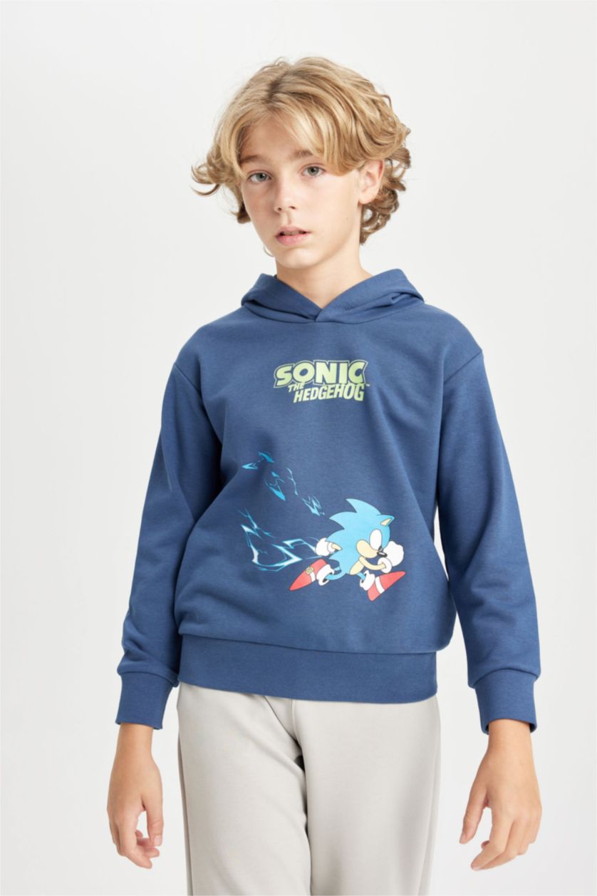 Erkek Çocuk - Genç Erkek İndigo Sonic the Hedgehog Kapüşonlu Sırt Baskılı Sweatshirt Erkek Çocuk