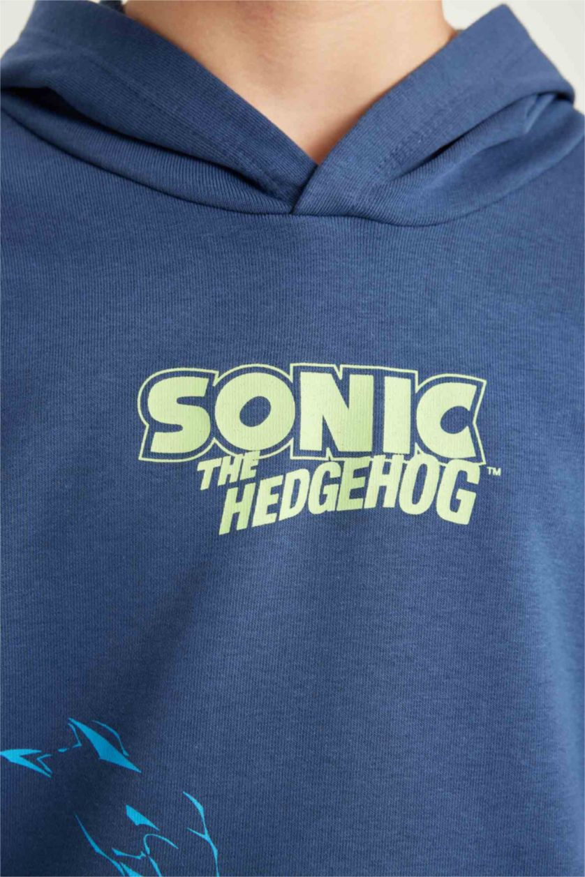 Erkek Çocuk - Genç Erkek İndigo Sonic the Hedgehog Kapüşonlu Sırt Baskılı Sweatshirt Erkek Çocuk