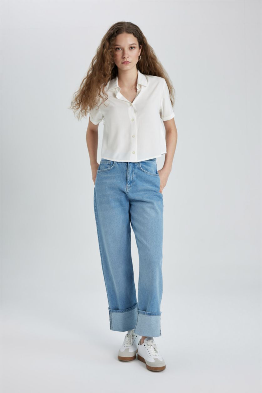 WOMAN Light Indigo Relax Fit High Waist Fold Leg Ankle Length Jeans