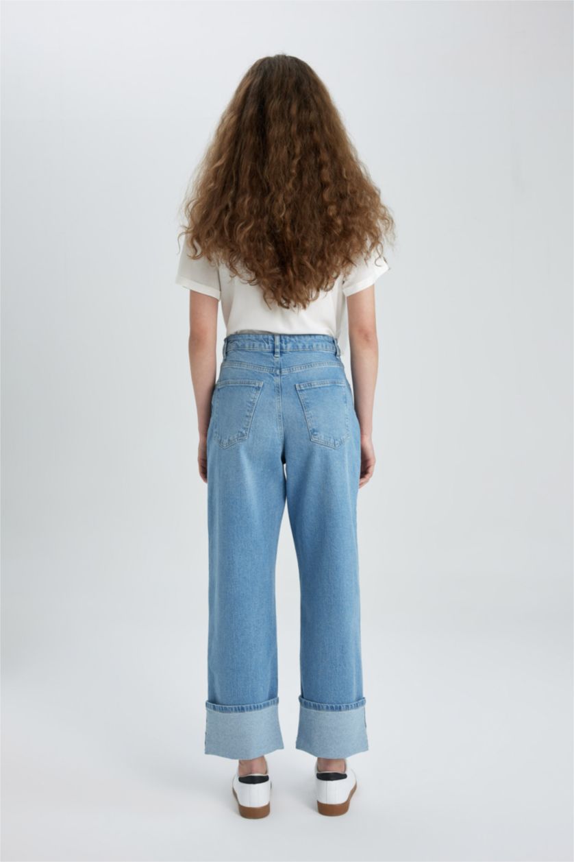 WOMAN Light Indigo Relax Fit High Waist Fold Leg Ankle Length Jeans