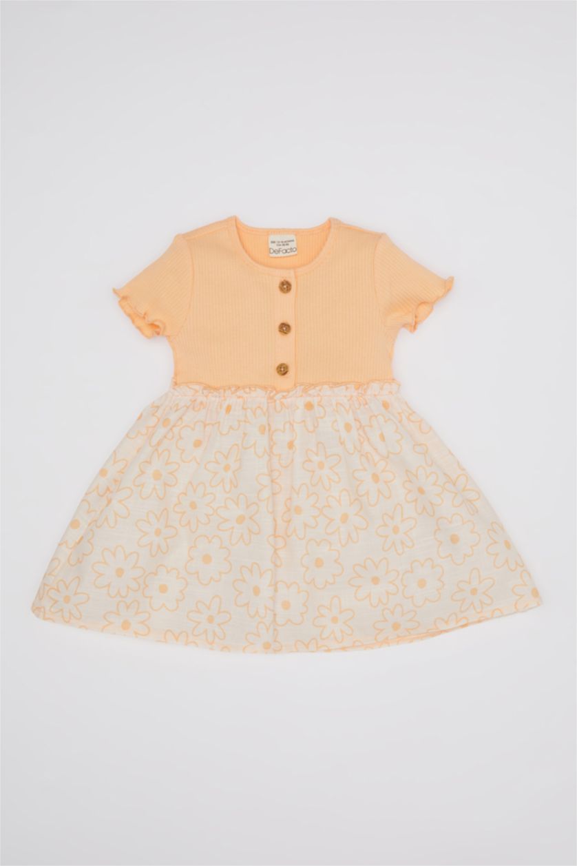 Kız Bebek Somon Çiçekli Kısa Kollu Fitilli Kaşkorse Elbise Kız Bebek