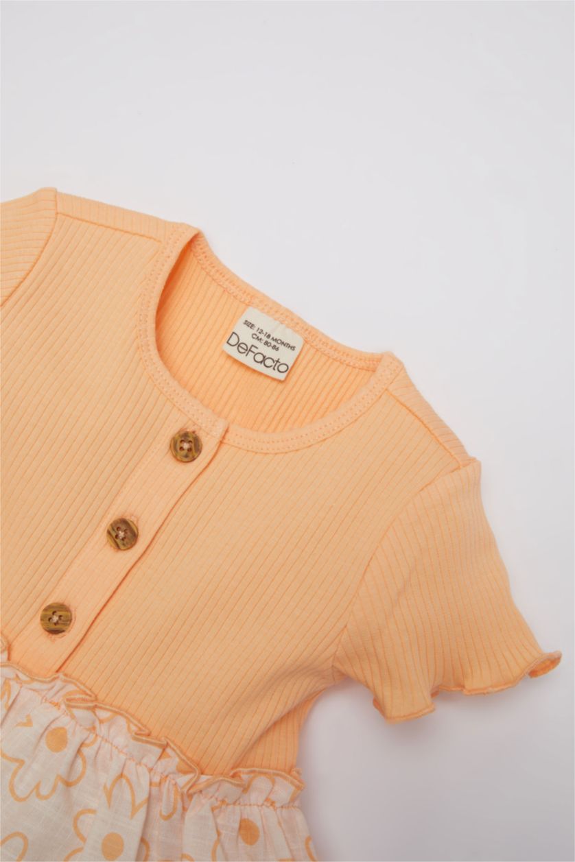 Kız Bebek Somon Çiçekli Kısa Kollu Fitilli Kaşkorse Elbise Kız Bebek