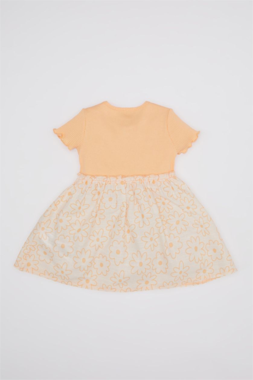 Kız Bebek Somon Çiçekli Kısa Kollu Fitilli Kaşkorse Elbise Kız Bebek