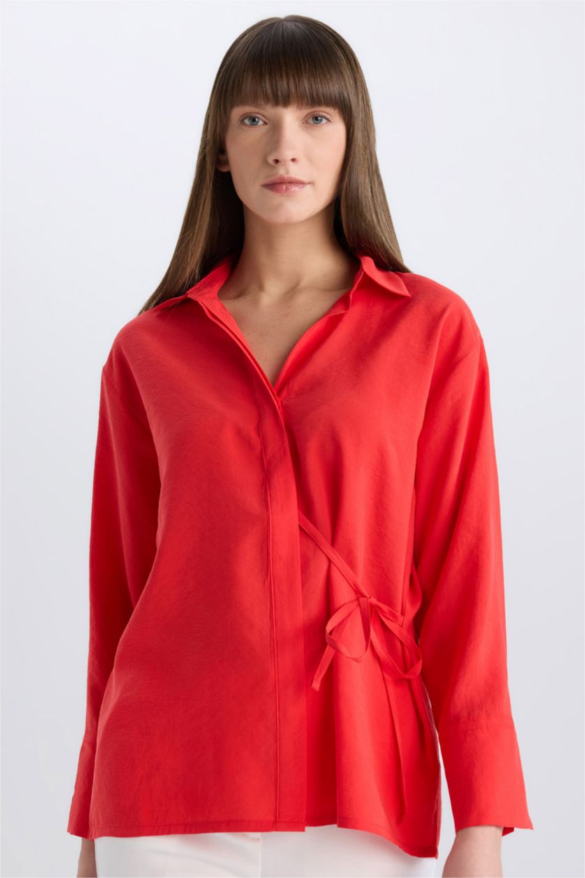WOMAN Red Oversize Fit Flap Collar Long Sleeve Shirt