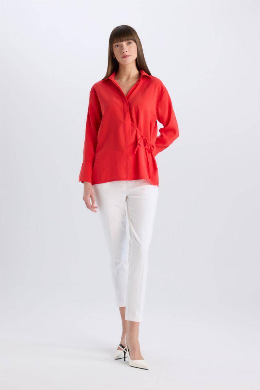 WOMAN Red Oversize Fit Flap Collar Long Sleeve Shirt