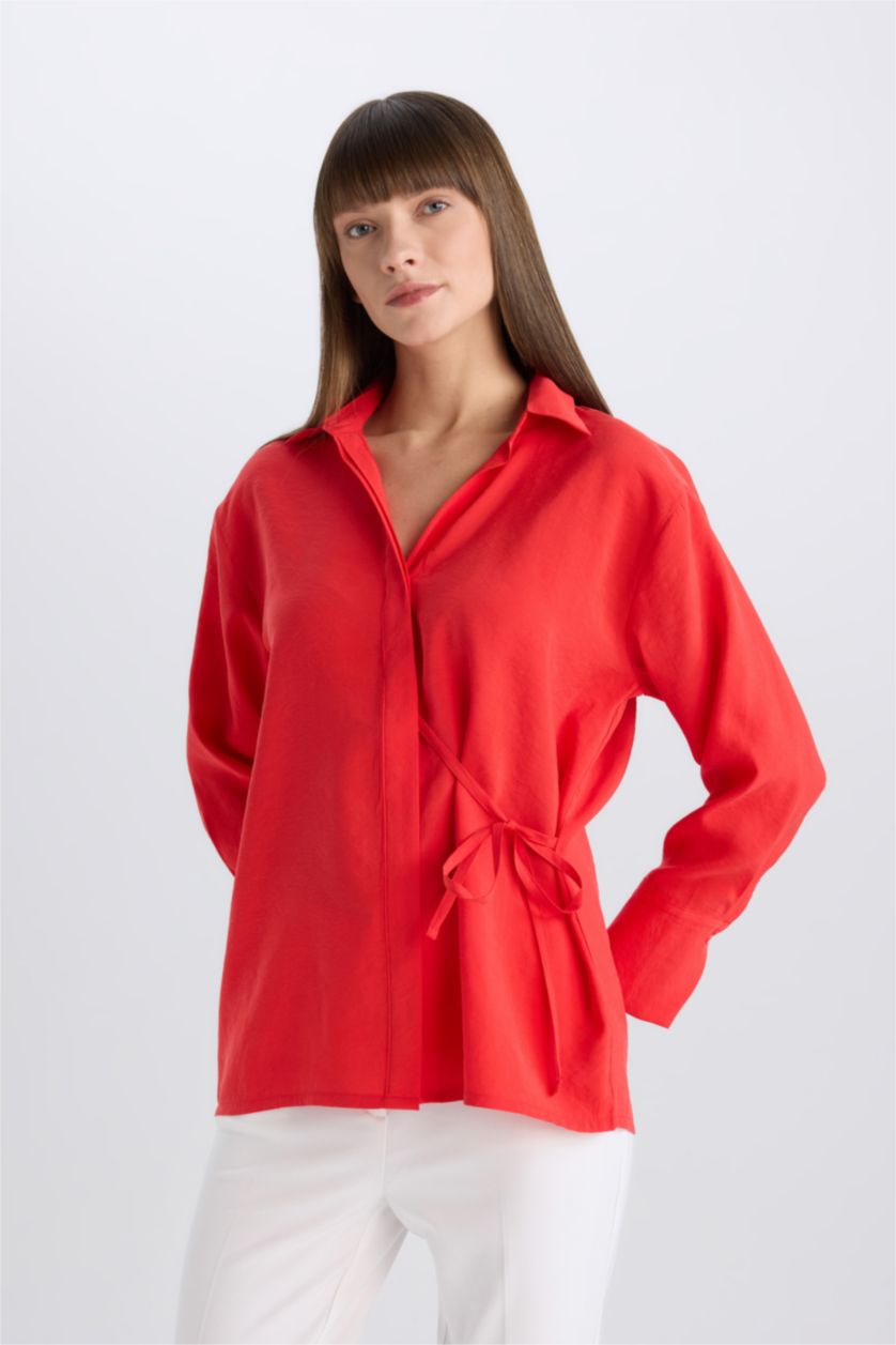 WOMAN Red Oversize Fit Flap Collar Long Sleeve Shirt