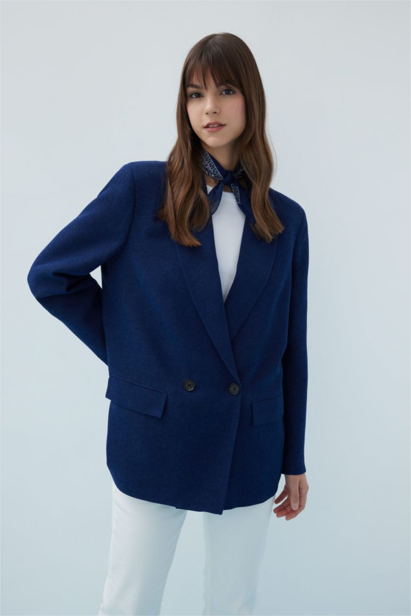 Kadın Lacivert Regular Fıt Ceket Yaka Blazer Ceket