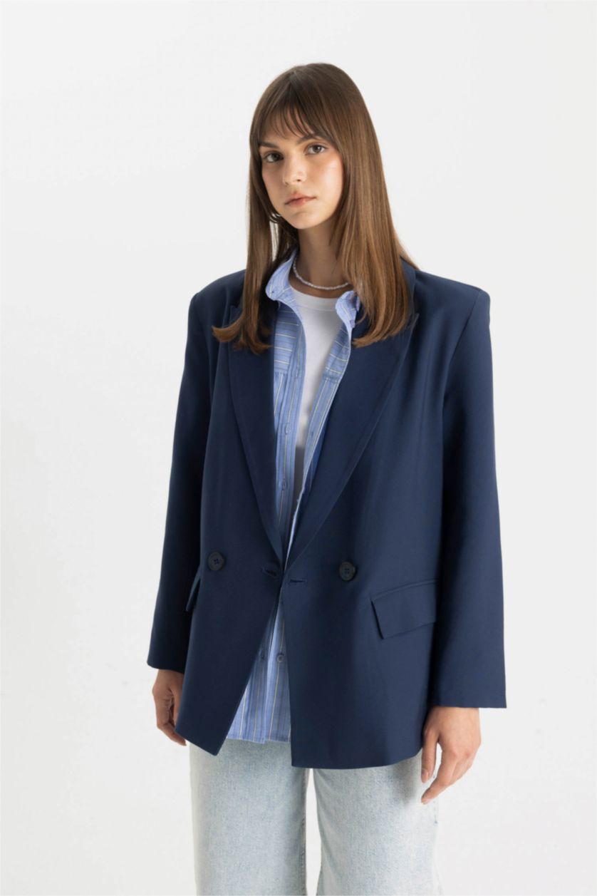 Kadın Lacivert Regular Fıt Ceket Yaka Blazer Ceket