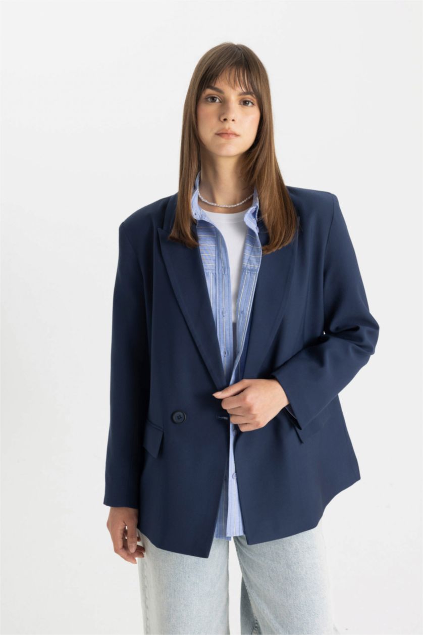 Kadın Lacivert Regular Fıt Ceket Yaka Blazer Ceket