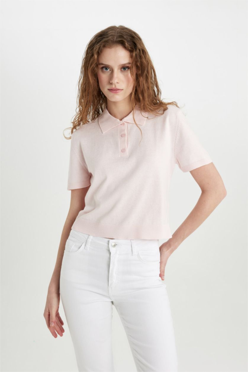 Woman Light Pink Regular Fit Polo Neck Short Sleeve Knitwear T-Shirt