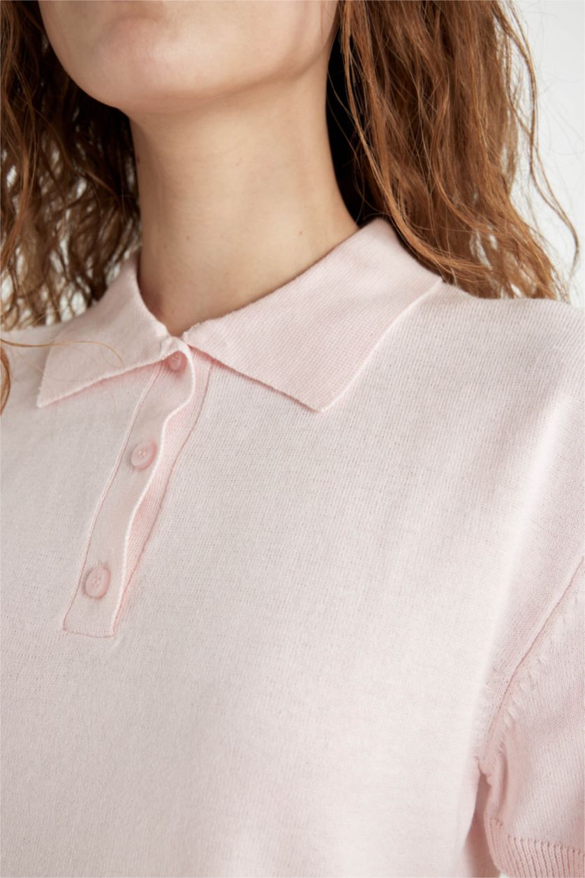 Woman Light Pink Regular Fit Polo Neck Short Sleeve Knitwear T-Shirt