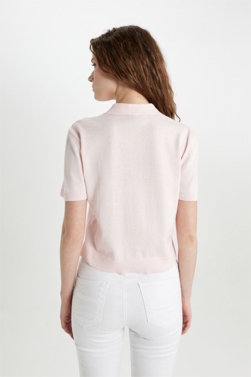 Woman Light Pink Regular Fit Polo Neck Short Sleeve Knitwear T-Shirt