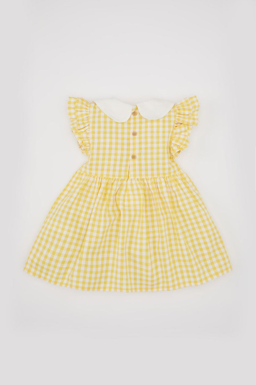 طفلة صغيرة أصفر فستان كاروهات بناتي قصة عادية وياقة بيبي