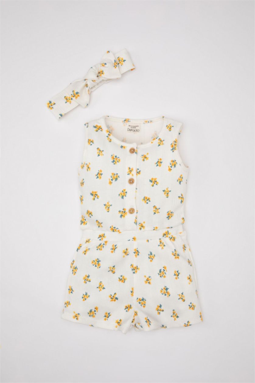 BABY GIRL Ecru Baby Girl Floral Ribbed Camisole 2 Piece Jumpsuit