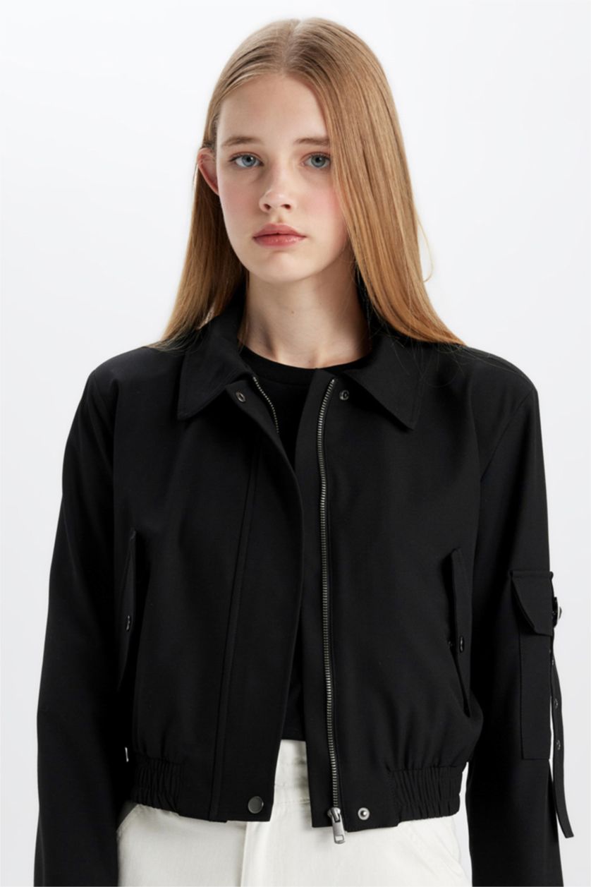 Kadın Siyah Gömlek Yaka Basic Düz Fermuar Çıtçıtlı Cepli Bomber Ceket