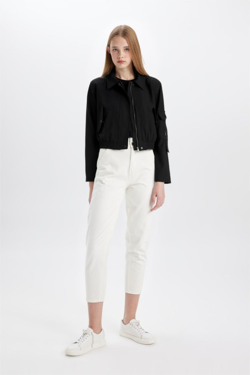 Kadın Siyah Gömlek Yaka Basic Düz Fermuar Çıtçıtlı Cepli Bomber Ceket