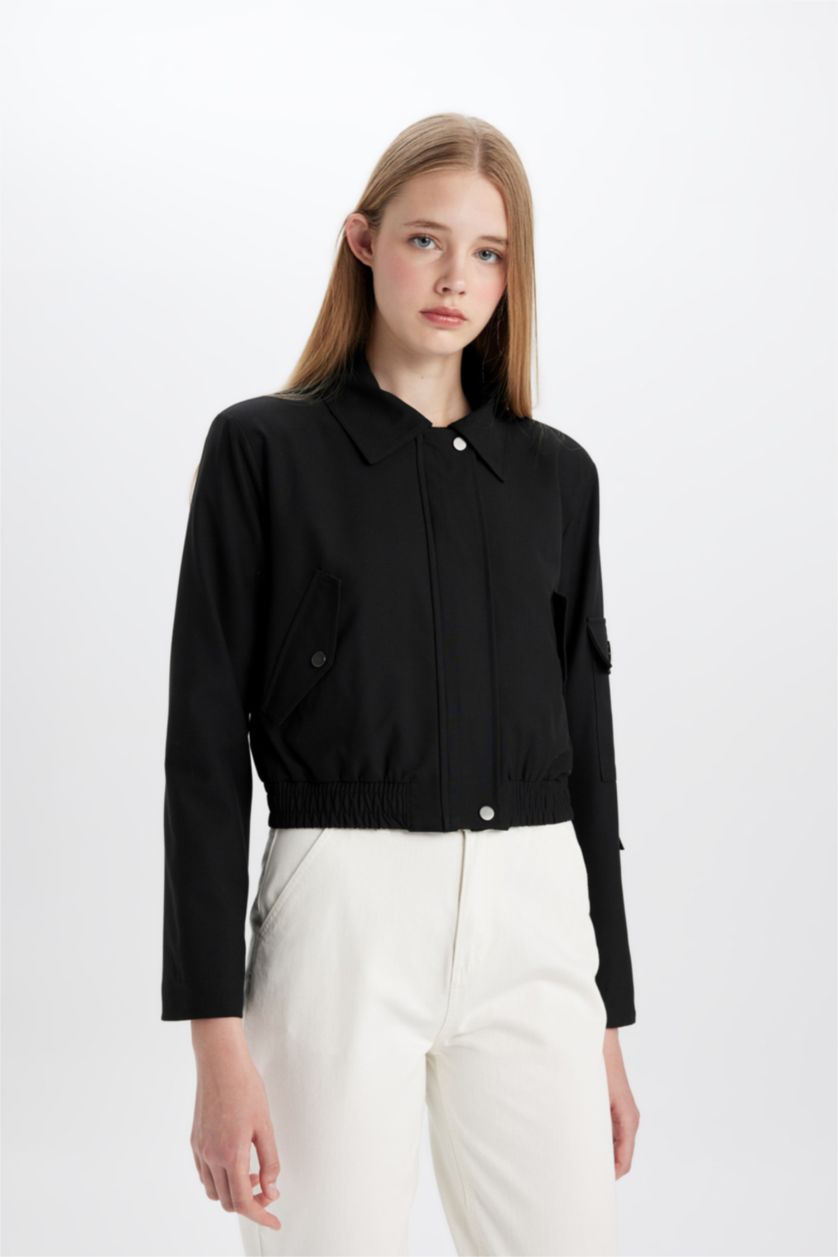 Kadın Siyah Gömlek Yaka Basic Düz Fermuar Çıtçıtlı Cepli Bomber Ceket