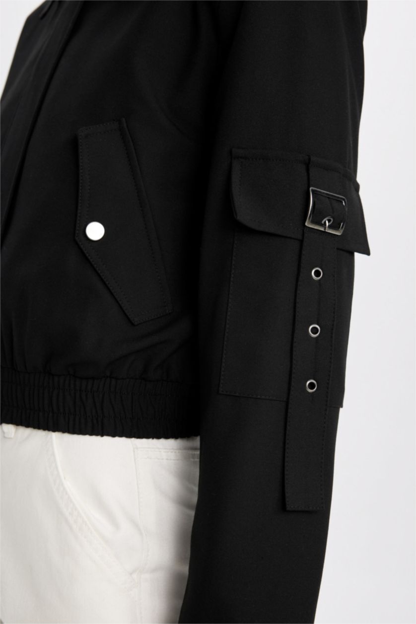 Kadın Siyah Gömlek Yaka Basic Düz Fermuar Çıtçıtlı Cepli Bomber Ceket