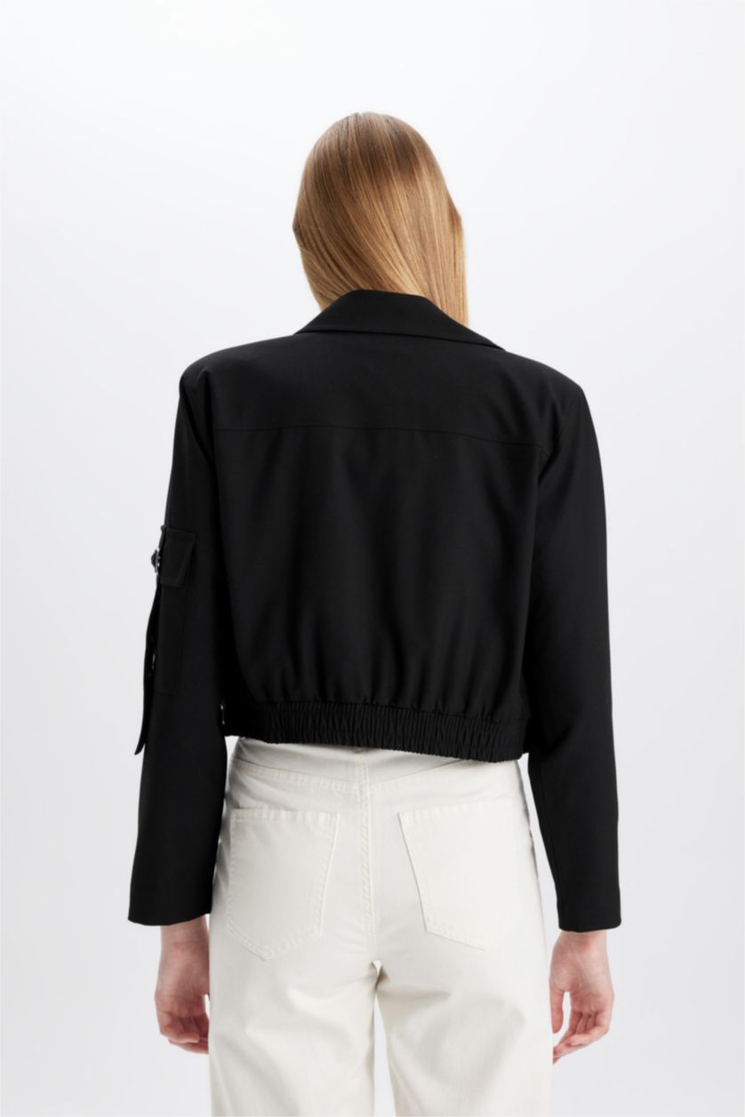 Kadın Siyah Gömlek Yaka Basic Düz Fermuar Çıtçıtlı Cepli Bomber Ceket