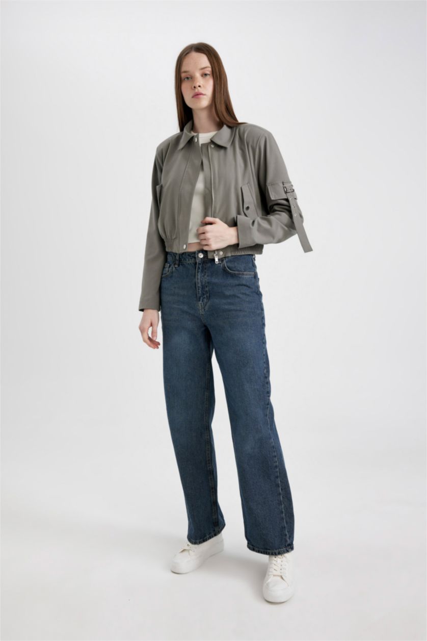 Kadın Haki Polo Yaka Basıc Fermuarlı Cepli Bomber Ceket