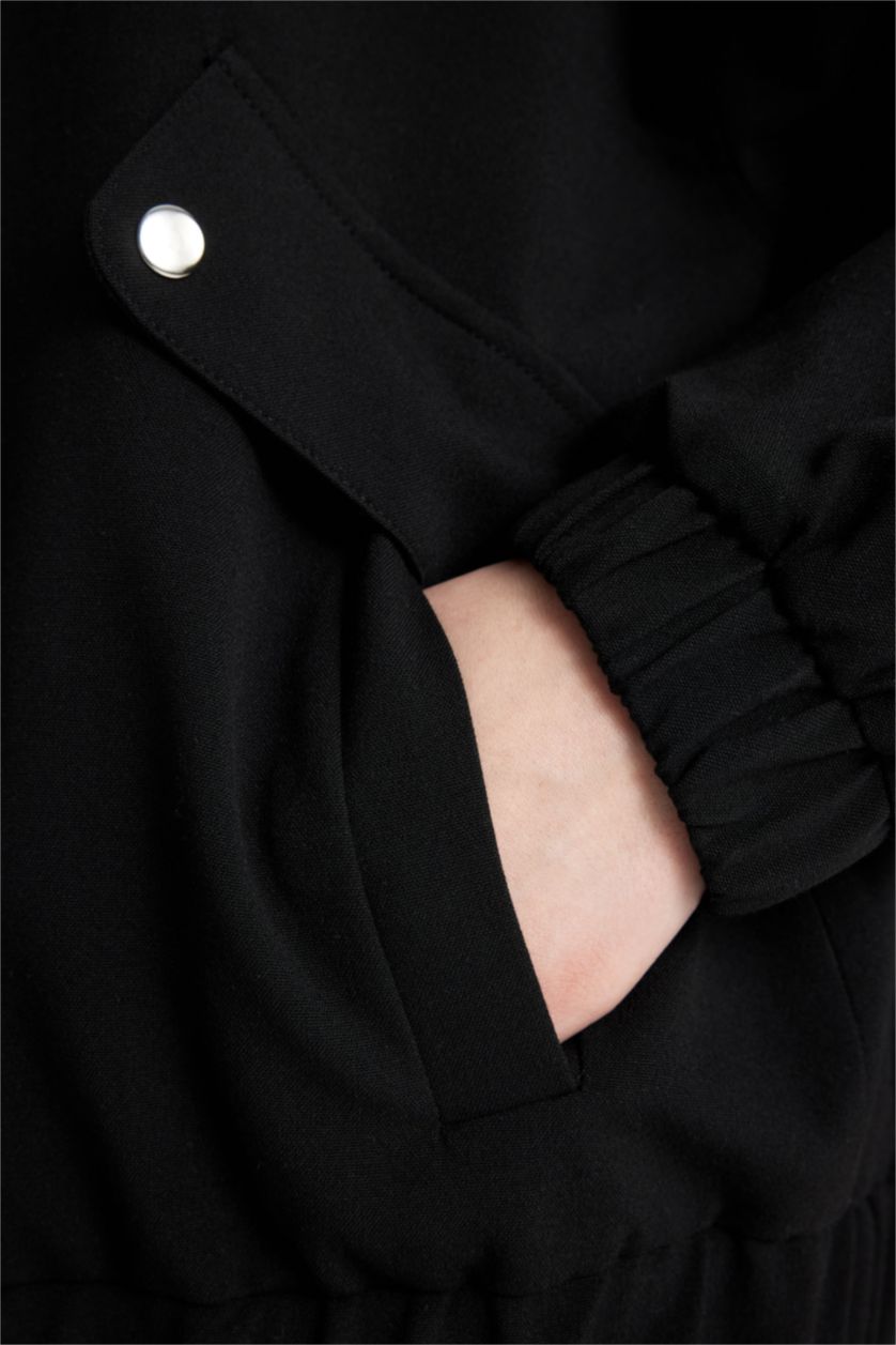 Kadın Siyah Oversize Geniş Kalıp Fermuarlı Basic Düz Bomber Ceket