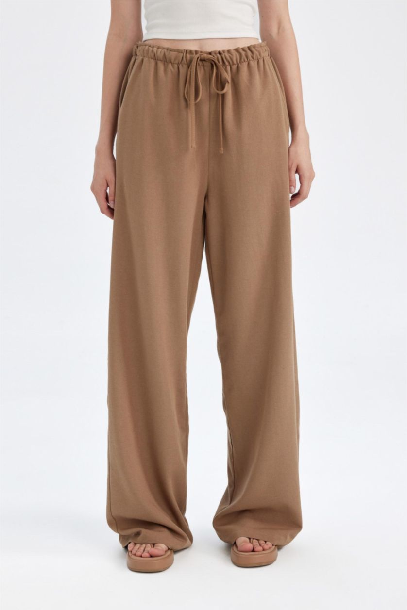 نساء بيج بنطرون من مزيج الكتان وايد ليج بثلاثة جيوب