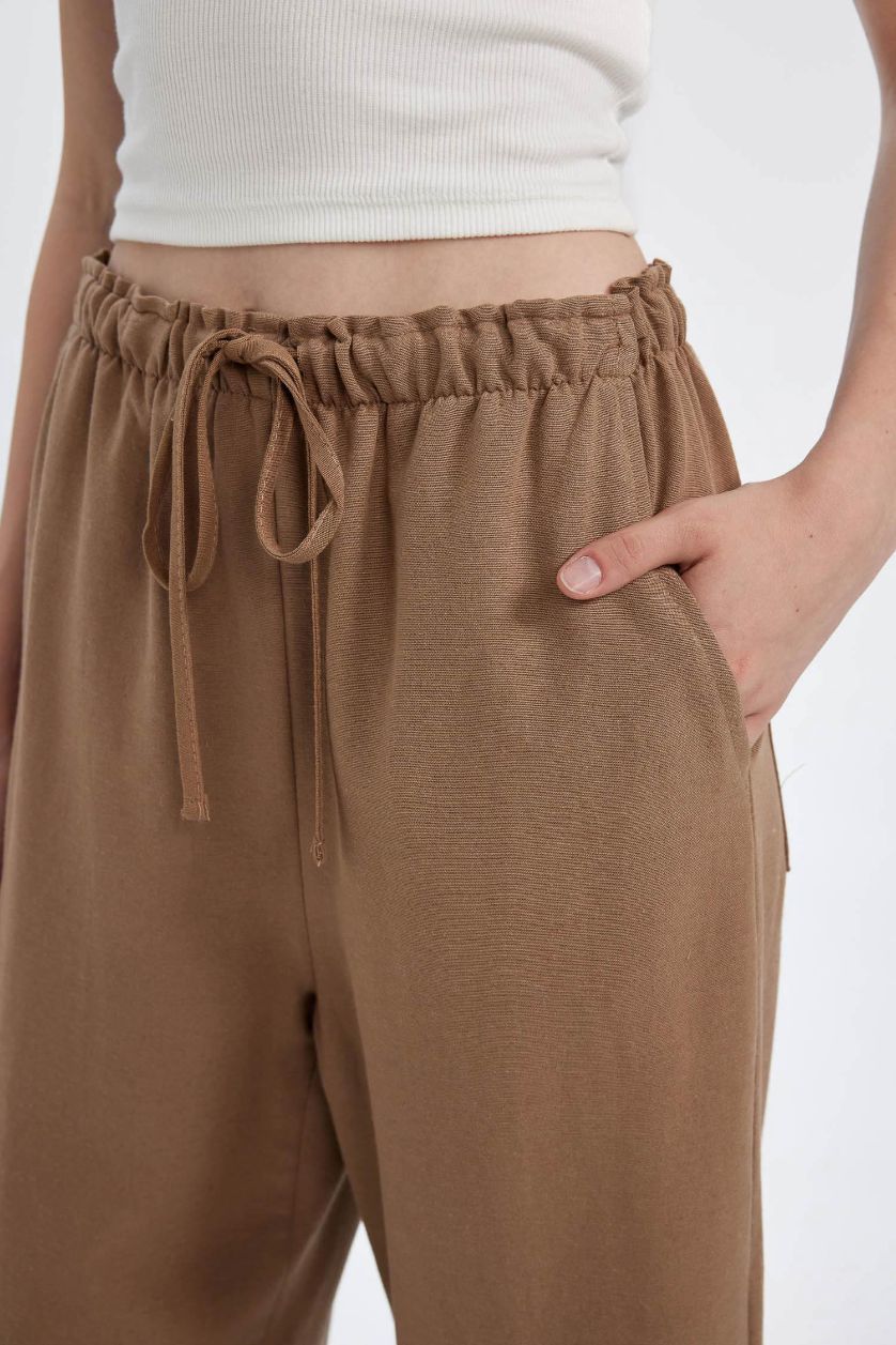 نساء بيج بنطرون من مزيج الكتان وايد ليج بثلاثة جيوب