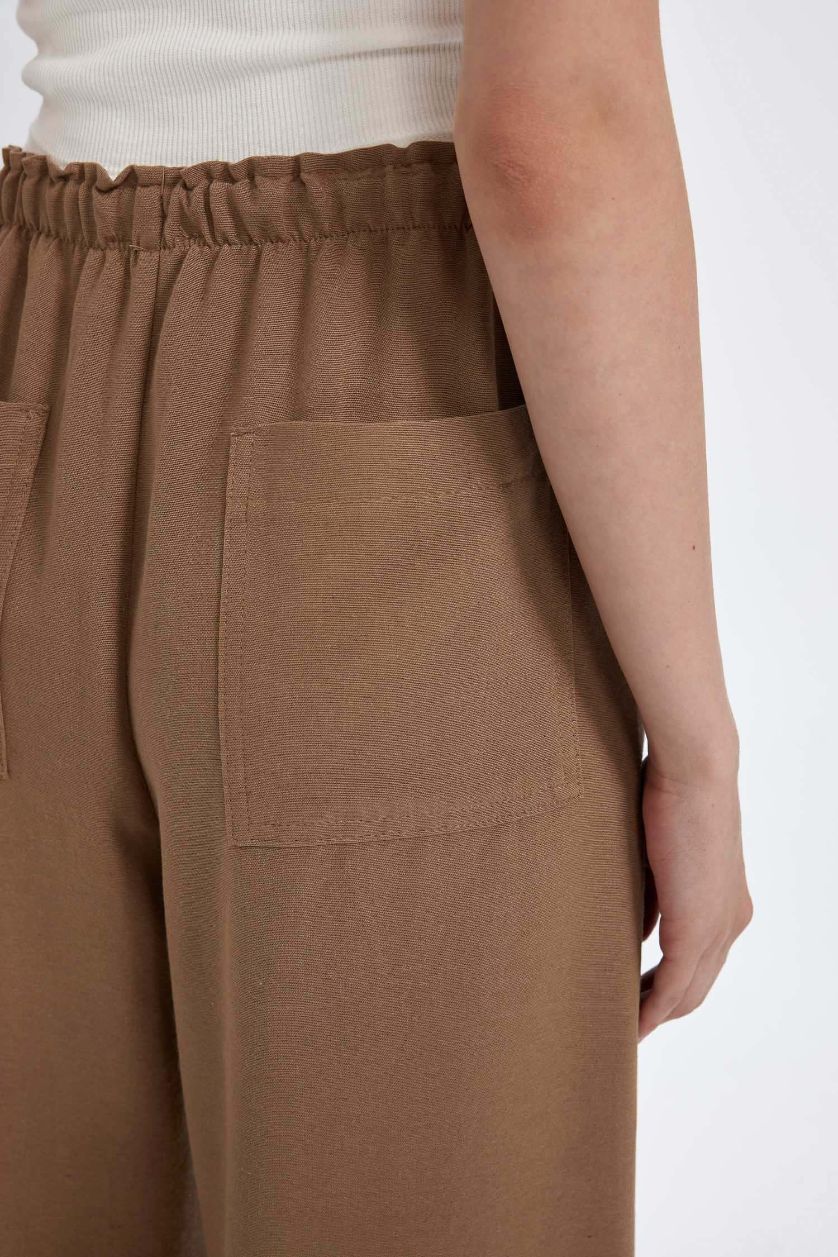 نساء بيج بنطرون من مزيج الكتان وايد ليج بثلاثة جيوب