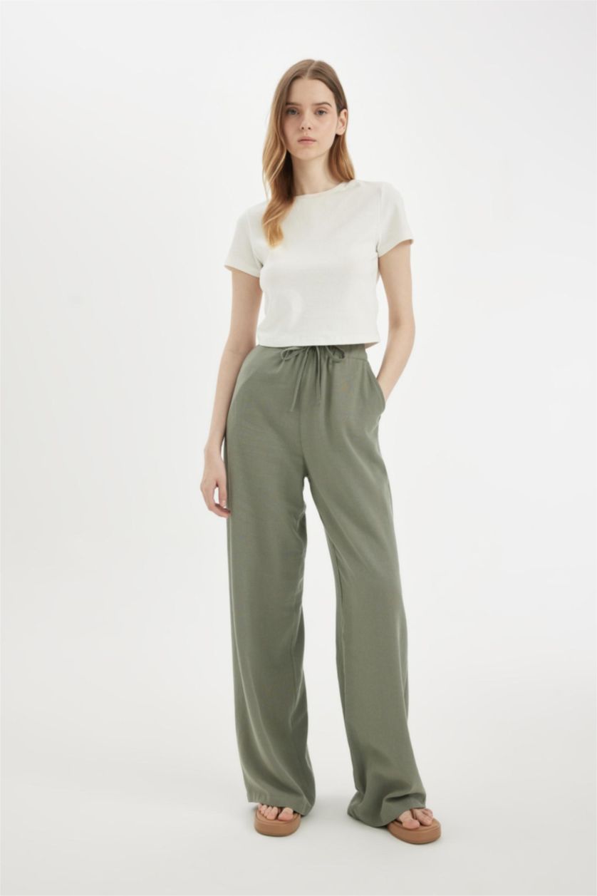 Kadın Haki Keten Karışımlı Palazzo Pantolon Wide Leg Geniş Bol Paça Üç Cepli Normal Bel Basic Düz Standart Boy
