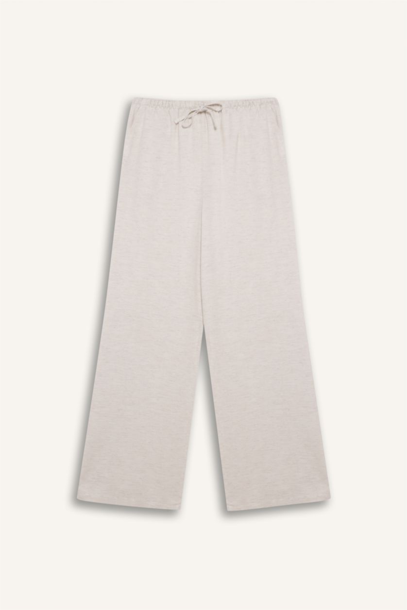 Kadın Bej Keten Karışımlı Palazzo Pantolon Wide Leg Geniş Bol Paça Üç Cepli Normal Bel Basic Düz Standart Boy